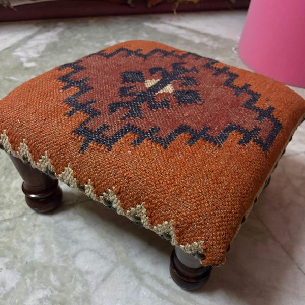Handmade Kilim Footstool | Vintage Wool Ottoman | Boho Tribal Foot Rest