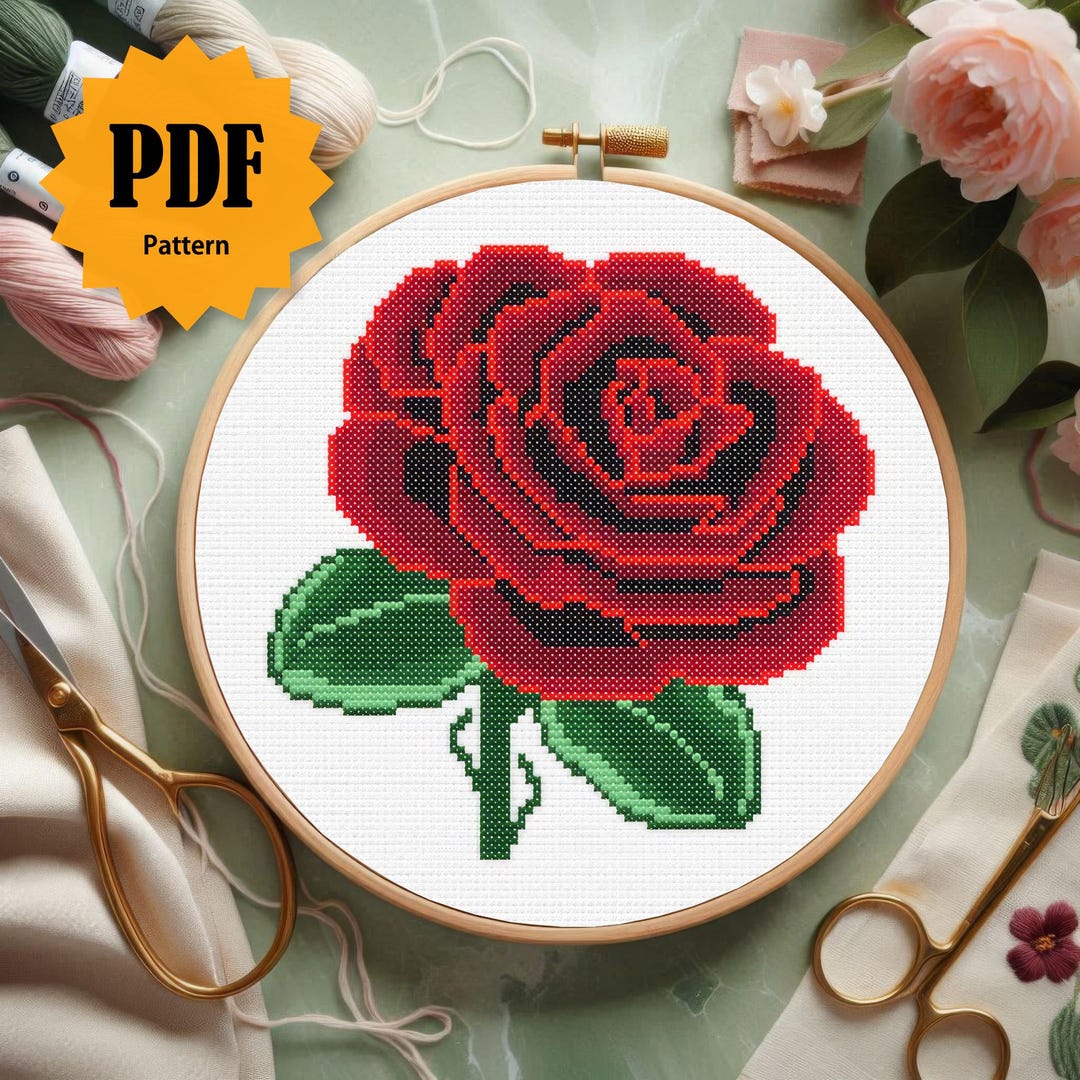 Simple Cross Stitch, Blooming Rose Flower 3D Cross Stitch Pattern ...