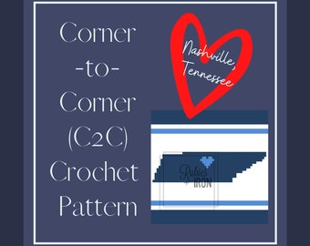May include: A crochet pattern for a corner-to-corner (C2C) crochet project featuring the state of Tennessee with the text "Nashville, Tennessee" in a red heart above the state and "Rubies + Iron" in a blue heart inside the state.