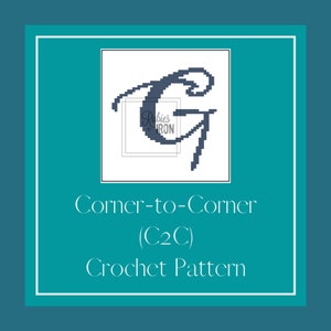 May include: A crochet pattern for the letter G, written in a corner-to-corner (C2C) style. The pattern is designed by Rubies + Iron.
