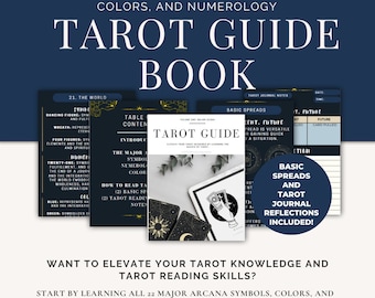 May include: A blue and gold book cover with the title "Tarot Guide Book" and the text "Volume I: Major Arcana, Symbols, Colors, and Numerology". The cover features a tarot card with a hand holding a wand. The book includes two bonus contents.