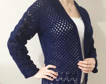 Handmade Long Crochet Cardigan: Midnight Blue Boho Lace Outfit