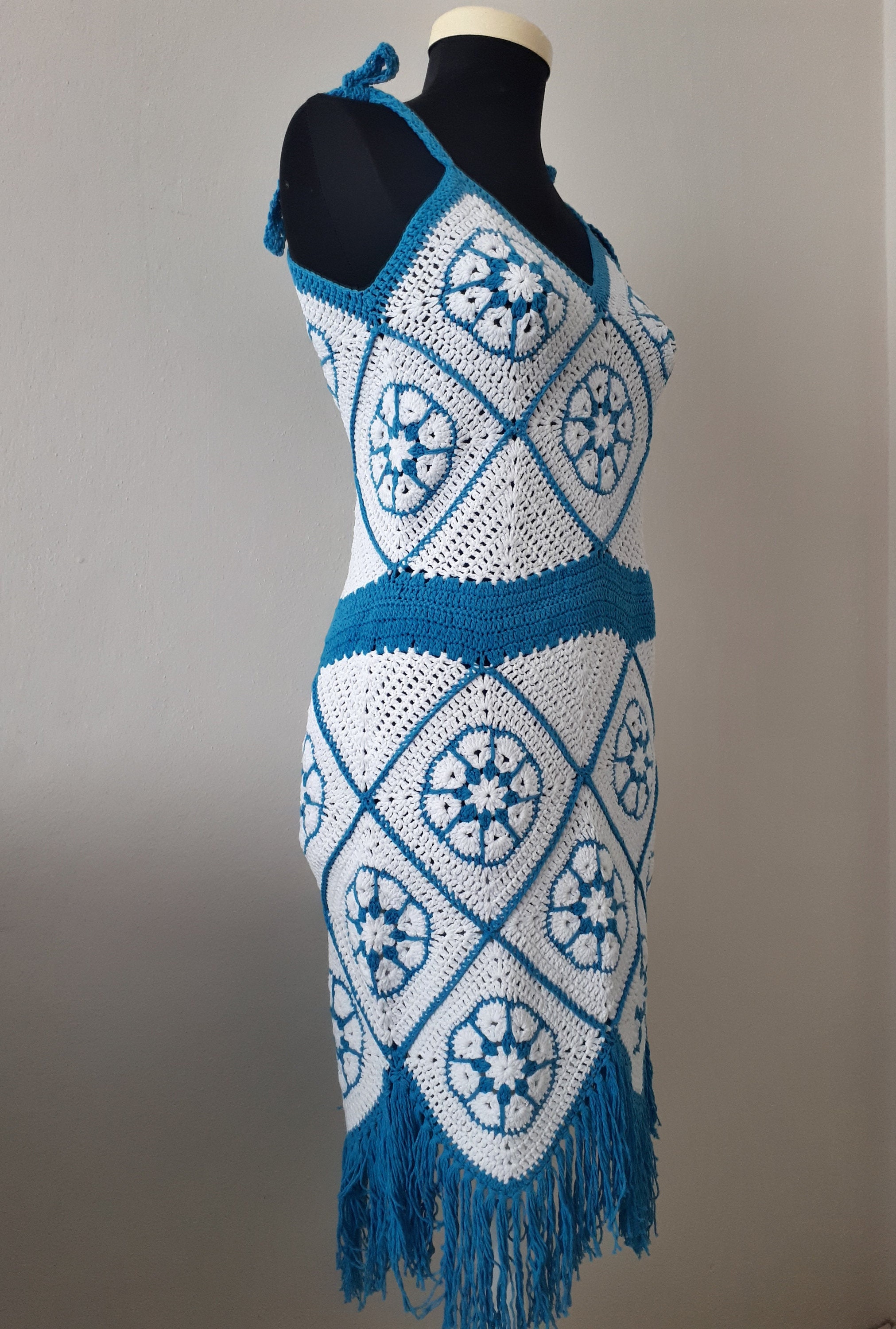Blue & White Crochet Tasseled Dress: Boho Summer Beachwear