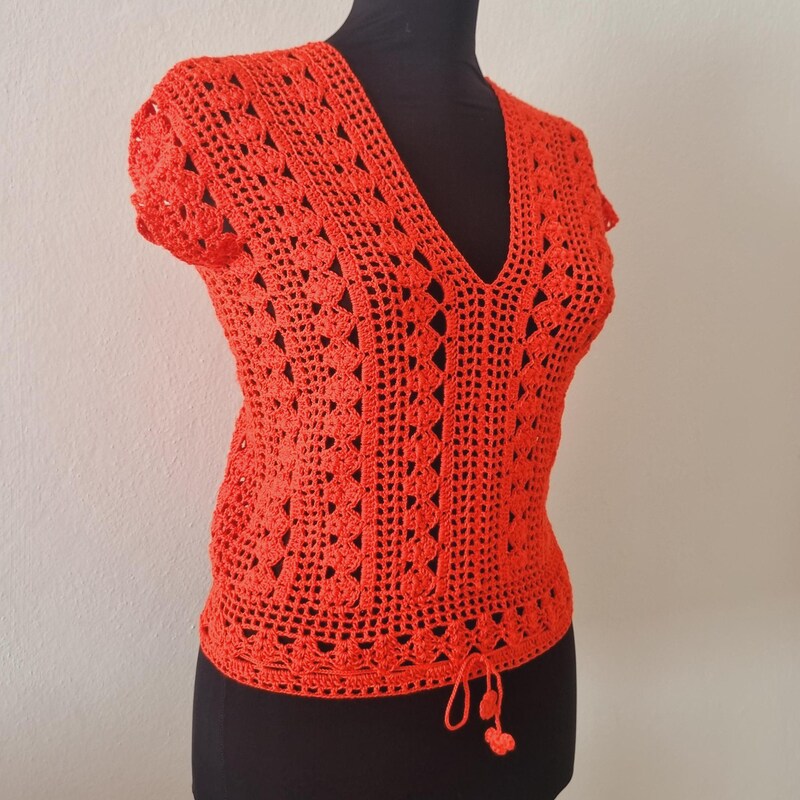 red 100% cotton crochet dets crinkle blouse sleeveless ... one size ,,, main image 0