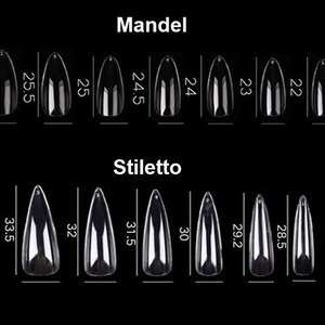 May include: A chart showing the different sizes of fake nails in two styles: Mandel and Stiletto. The sizes are listed in inches. The Mandel style is a rounded shape, while the Stiletto style is a long, pointed shape.