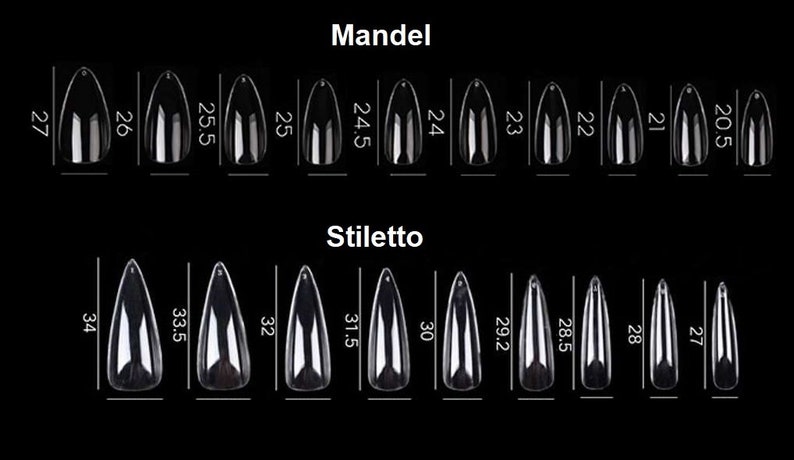 May include: A chart showing the different sizes of fake nails in two styles: Mandel and Stiletto. The sizes are listed in inches. The Mandel style is a rounded shape, while the Stiletto style is a long, pointed shape.