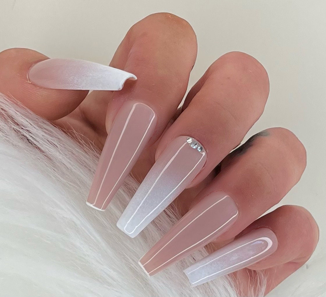 Press on Nails Baby Boomer French Nude Brown White Stones - Etsy