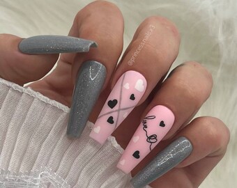 Press on Nails grau glitzer rosa mini hearts