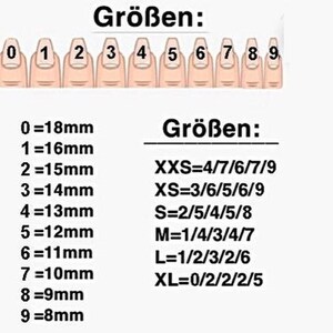 May include: A chart showing nail sizes in millimeters and corresponding sizes in US sizing. The chart shows sizes from 0 to 9, with size 0 being 18mm and size 9 being 8mm. The chart also shows the corresponding US sizes for each nail size, with XXS being 4/7/6/7/9, XS being 3/6/5/6/9, S being 2/5/4/5/8, M being 1/4/3/4/7, L being 1/2/3/2/6, and XL being 0/2/2/2/5.