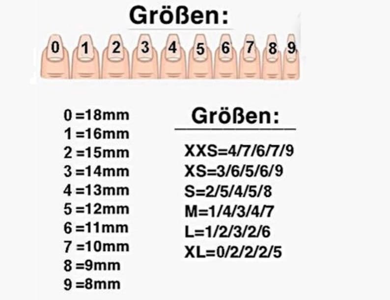 May include: A chart showing nail sizes in millimeters and corresponding sizes in US sizing. The chart shows sizes from 0 to 9, with size 0 being 18mm and size 9 being 8mm. The chart also shows the corresponding US sizes for each nail size, with XXS being 4/7/6/7/9, XS being 3/6/5/6/9, S being 2/5/4/5/8, M being 1/4/3/4/7, L being 1/2/3/2/6, and XL being 0/2/2/2/5.