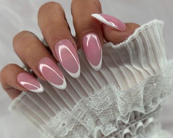 Press On Nails Almond Rosa French | Long and Short | minimal French | clean Classic | Bridal Handmade Nails
