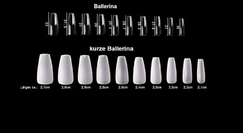 May include: A set of ten white ballerina-shaped false nails in various sizes. The nails are arranged in two rows, with the larger nails in the top row and the smaller nails in the bottom row. The nails are labeled with their size in centimeters.