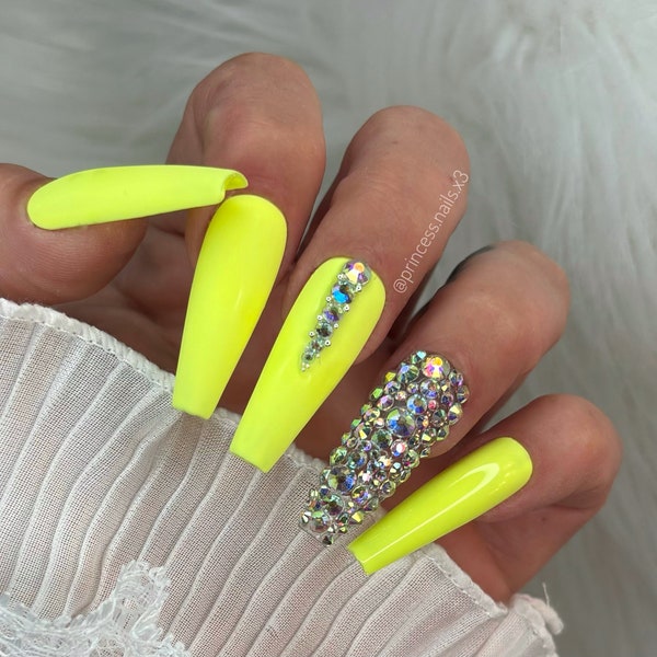 Press on Nails neon Gelb matt&glossy Strass steinchen yellow