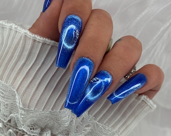 Press On Nails Neon Blue Cat Eye | Long and Short | Blue Nails | Summer Nails | Handmade Nails