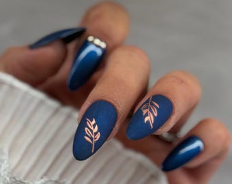 Press On Nails Almond Metallic Blue Autumn | Blue Nails | Long Short Handmade Nails | Matte Glossy Design I Blau