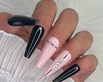 Press on Nails Schwarz steinchen Rosa