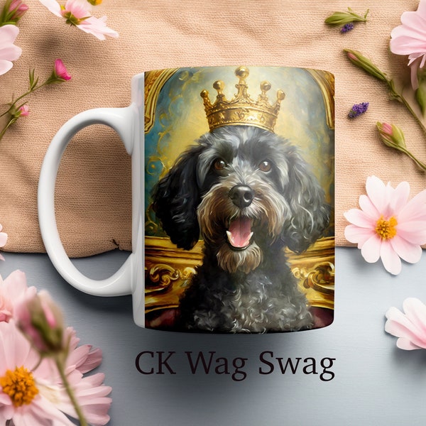 Doodle Dog Coffee Mug 11 oz | Royal Portrait | Black Fur Poodle Mix Dog | Labradoodle, Cockapoo, Schnoodle, Black Teddy Bear Goldendoodle