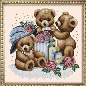Hatbox Teddies Counted Cross Stitch Pattern by Kitty & Me Designs