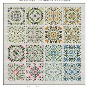 May include: A cross-stitch pattern book titled "The Flower Patch" featuring sixteen floral designs. Each design is a square with intricate patterns in various colors, including green, purple, and orange. The text indicates the designs are 36W x 36H.