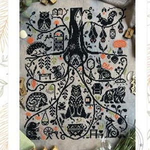 May include: A cross-stitch pattern titled "The Burrow Tales" featuring a whimsical design of a tree with various woodland creatures. The design includes an owl, bear, squirrel, and other animals. The text "QUATERNION CREATIONS" and "MYTHICAL CROSS STITCH DESIGNS FOR STITCHERS SEEKING A MAGICAL EXPERIENCE" are also visible.
