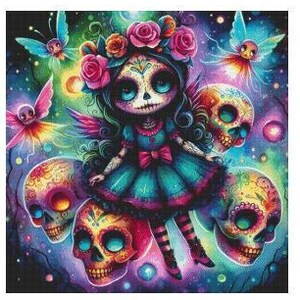 May include: A colorful illustration of a Sugar Skull Fairy surrounded by skulls and fairies. The image is based on the artwork of Mia-Maria Wikstrom and is a cross-stitch chart. The chart will be 350 x 350 stitches.