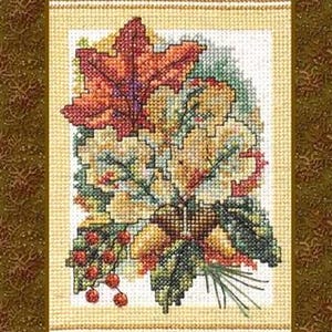 May include: Cross-stitch pattern of an autumn bouquet featuring fall leaves and berries in shades of orange, yellow, and green. The design is framed with a gold border and includes the text "Autumn Bouquet".