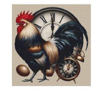 May include: A cross-stitch pattern chart titled "Rooster Time" by White Willow Stitching. The image features a detailed illustration of a rooster with a clock and eggs. The chart is 292 x 305 stitches.