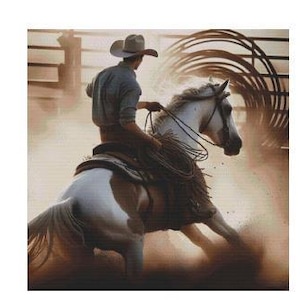 May include: A cross-stitch chart titled "Ranch Work Never Ends" by White Willow Stitching, featuring a cowboy riding a horse. The chart is based on Mia-Maria Wikstrom's artwork and will be 378 x 378 stitches.