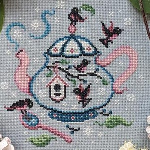 Counted Cross Stitch Pattern - The Songbird Teapot by Haunted Frames, Four page cardstock leaflet, 16 count