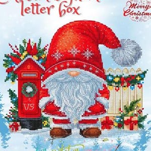 May include: A cross-stitch design featuring a Christmas gnome with a red hat and white beard, standing next to a red mailbox. The words "Christmas gnome letter box" and "Merry Christmas" are visible.