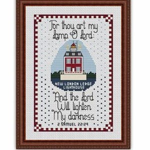 New London Ledge Lighthouse / 2 Samuel 22:29 Bible Verse Counted Cross Stitch Pattern by Happiness Is HeartMade