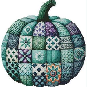 May include: A cross-stitch pattern titled "Patchwork Pumpkin 2" by Tereena Clarke. The design features a pumpkin composed of various patterned squares in shades of teal, purple, and green. The completed size is 170w x 178h stitches.