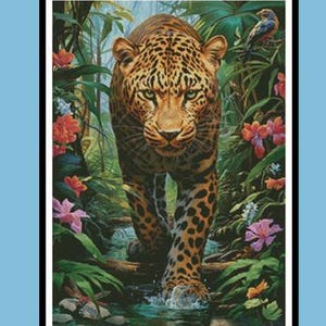 May include: A cross stitch pattern titled Mysterious Leopard by Artecy Cross Stitch, featuring a leopard walking through a lush jungle with pink flowers. The document lists completed sizes for 14, 16, and 18 count fabric in inches and centimeters.