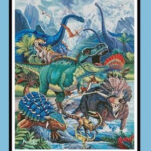 May include: A cross stitch pattern titled Dino by Artecy, featuring a colorful prehistoric scene with multiple dinosaurs in a lush landscape. The pattern includes completed sizes for 14, 16, and 18 count fabric, ranging from 13.5 by 17 to 17 by 21.5 inches.