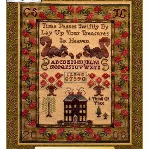 May include: A framed cross-stitch sampler with the text "Time Passes Swiftly By Lay Up Your Treasures In Heaven." The design includes squirrels, a house, flowers, and the text "Heavenly Treasures."