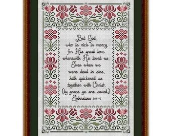 Cross Stitch Pattern - His Great Love - Ephesians 2:4-5 - Bible Verse  by Happiness Is HeartMade