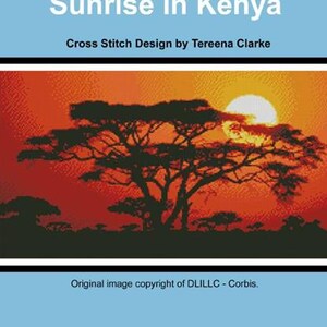 May include: A cross stitch pattern titled Sunrise in Kenya by Tereena Clarke, featuring a silhouette of acacia trees against a bright orange and yellow sunset. The document includes the Artecy Cross Stitch logo, pattern #10802, and dimensions for 14, 16, and 18 count fabric in inches.