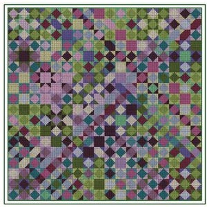 May include: A framed print featuring a cross-stitched quilt block design. The quilt block is composed of various squares and diamond shapes in shades of green, purple, and teal. The text "Chistle CROSS STITCHED QUILT BLOCKS" is at the top.