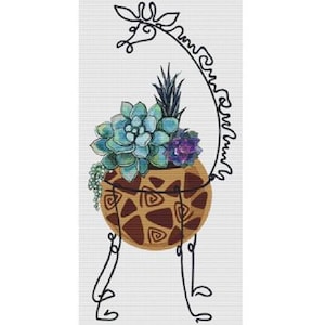 May include: Cross stitch pattern featuring succulents in a giraffe pot. The design includes a giraffe outline with a pot filled with blue and purple succulents. The text reads "SUCCULENTS IN A GIRAFFE POT" and "X SQUARED CROSS STITCH". Design size is 13.07 x 28.14 inches.