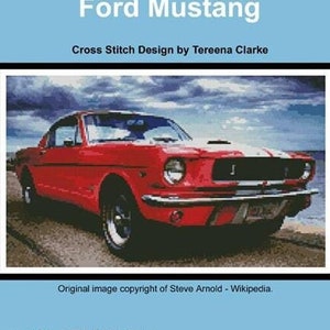 May include: A cross stitch pattern titled Ford Mustang by Tereena Clarke, featuring a red vintage car on a beach. The document includes the Artecy Cross Stitch logo, pattern number 10741, and finished dimensions in inches for 14, 16, and 18 count fabric.