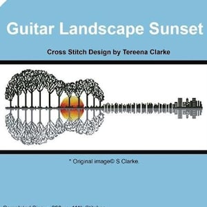 Counted Cross Stitch Pattern - Guitar Landscape Sunset  by Artecy Cross Stitch