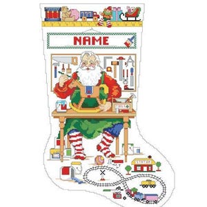 Santa in His Workshop Stocking Counted Cross Stitch Pattern by Kooler Design Studio