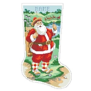 Counted Cross Stitch Pattern - Golfing Santa Christmas Stocking by Kooler Design Studio - 8 1/2" x 11" cardstock booklet, 14 count