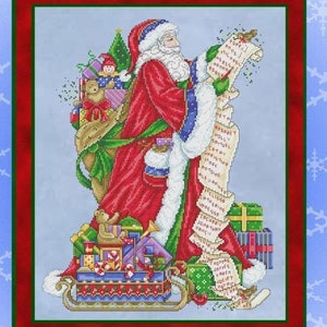 May include: A cross-stitch pattern titled Checking His List featuring Santa Claus in a red coat holding a long scroll of names. He carries a large sack filled with toys and stands beside a sled piled with wrapped gifts. The design includes a snowflake background and text indicating a finished design size of 11 inches by 14 inches.