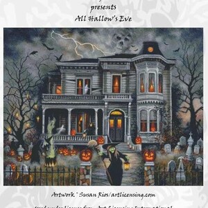 May include: A spooky Halloween-themed artwork featuring a haunted house with glowing windows, jack-o'-lanterns, and a witch. The image includes the text "Charting Creations presents All Hallow's Eve". The artwork is available in 25, 18, and 14 count sizes.