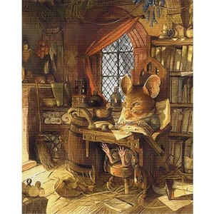 May include: A cross-stitch chart titled "Jacques' Rest" by Chris Dunn. The image depicts a mouse in a chair at a desk, reading. The scene is set in a cozy, detailed interior with a window and bookshelves. The text "Paine Free Crafts" is at the top.