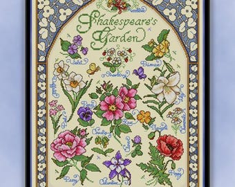 May include: A framed cross-stitch sampler titled "Shakespeare's Garden." The design features a variety of colorful flowers, including violets, roses, and poppies, with the title in elegant script. The finished size is 12.5 inches wide by 16.5 inches high.