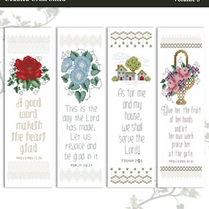 May include: Set of four counted cross stitch Biblical bookmarks. Each bookmark features a different design: a red flower, blue flowers, a house and tree, and a basket of flowers. Each bookmark has a Bible verse.