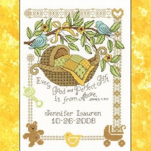 Counted Cross Stitch Pattern - Perfect Gift Baby Birth Record Pattern by Imaginating, Four page cardstock leaflet, 14 count