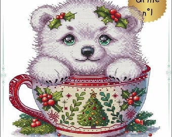 Counted Cross Stitch Pattern - Christmas Animal Cup : Bear by Les petites croix de Lucie, 8 1/2" x 11" cardstock booklet, 18 count